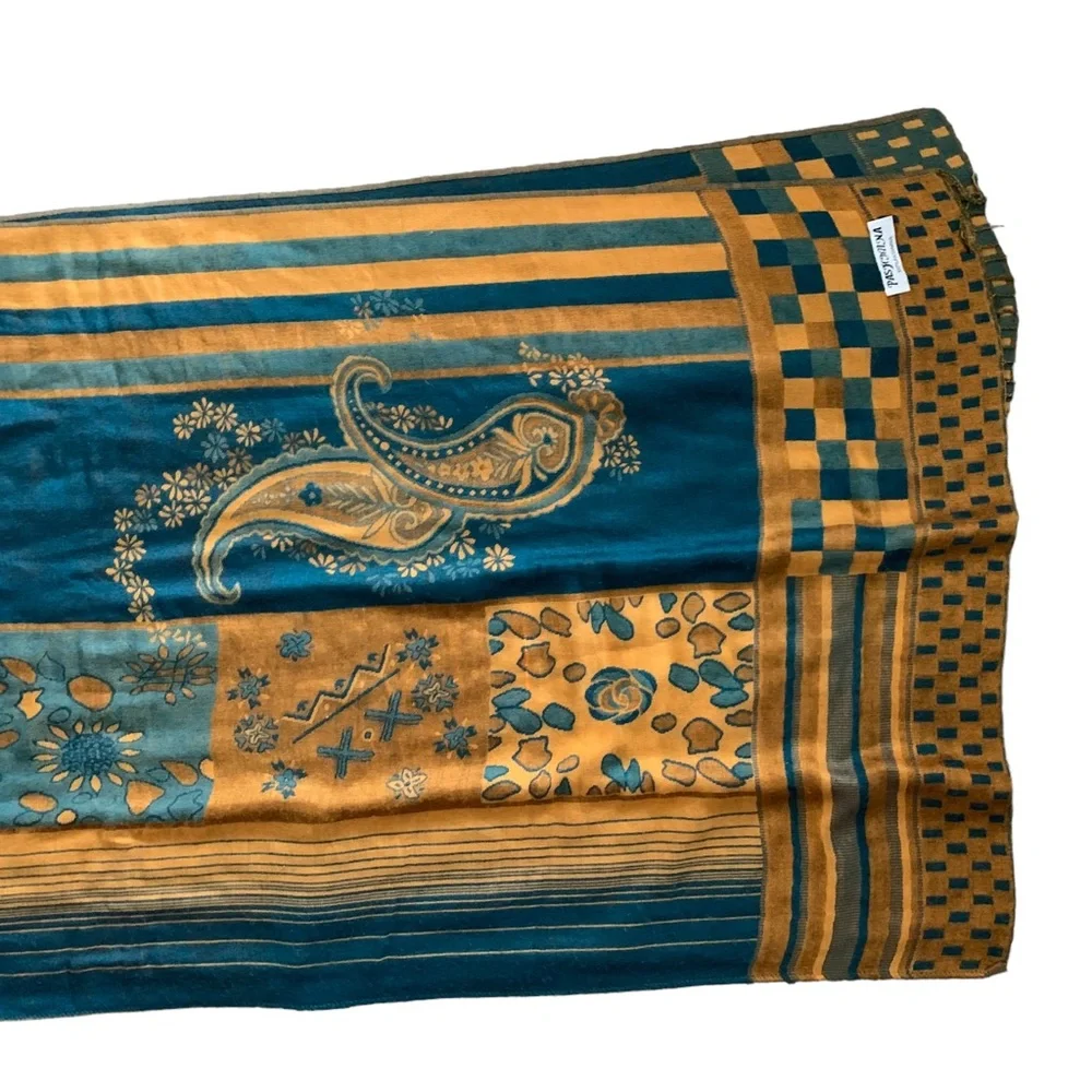 Pashmina Shawl Wrap Scarf Turquoise Gold Paisley Wool Large